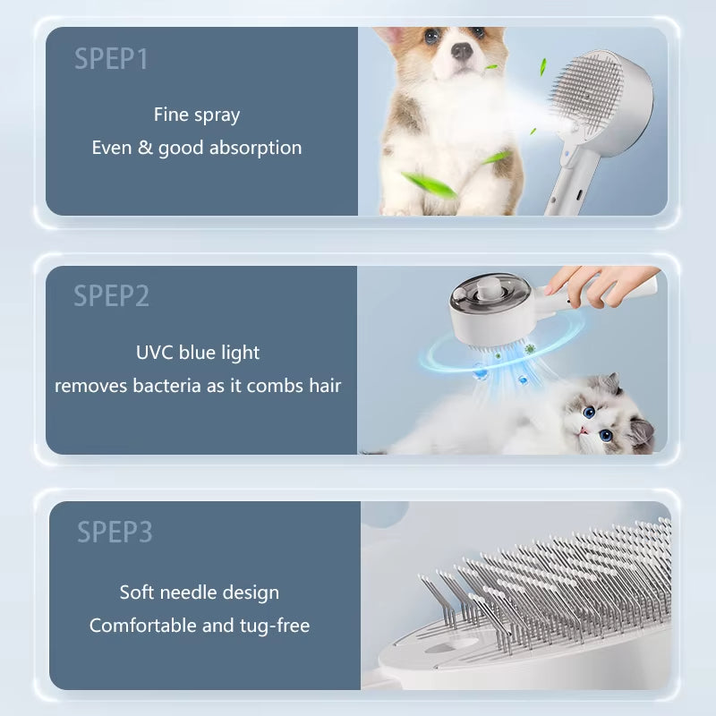 3-in-1 Electric Steam Pet Grooming Brush With Massager