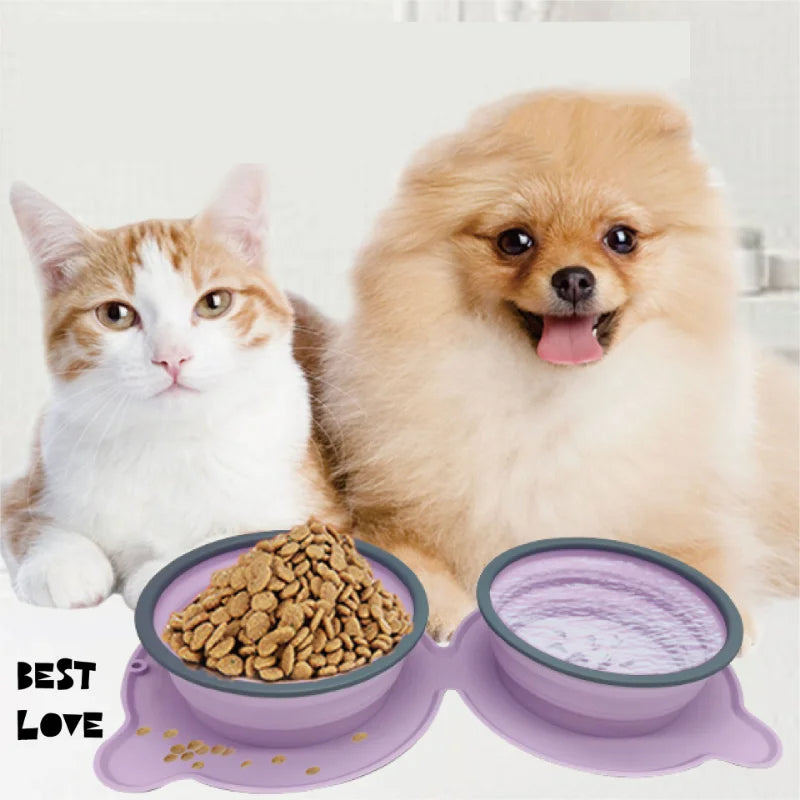 Portable Foldable Silicone Double Pet Feeding Bowl Non-Slip
