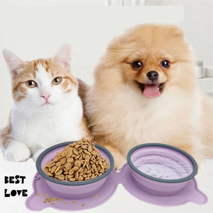 Portable Foldable Silicone Double Pet Feeding Bowl Non-Slip